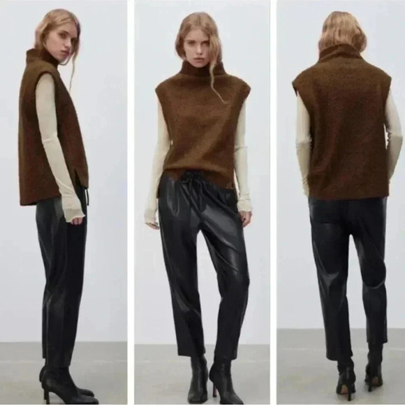 Zara Pants - ZARA Black Faux Leather The Weekend Straight Leg Drawstring Pants